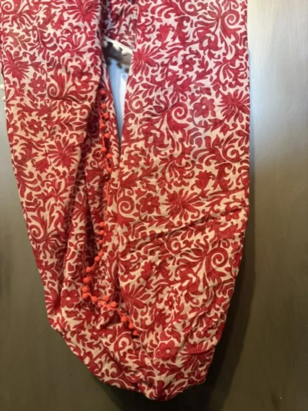Boho Red & White paisley Infinity scarf with Pom-poms